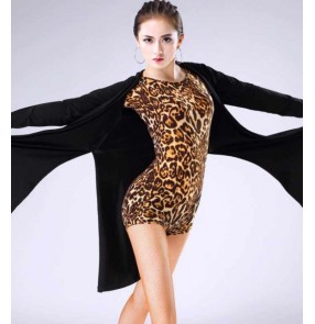 Women girls black latin salsa chacha dress long sleeves side slit rhythm stage performance cardigan tops practice dancing outwear for female